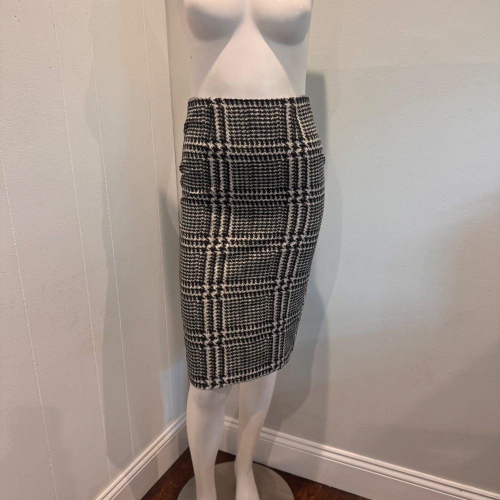 Zara Black White Plaid Stretch Pencil Skirt Back Slit | Size S